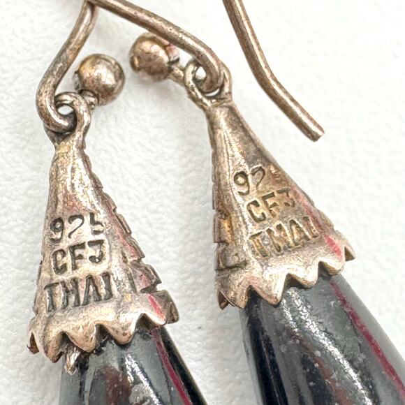 Vintage 925 CFJ THAI Sterling Silver Bali Style Black Dangle Earrings Ethnic - Picture 6 of 13